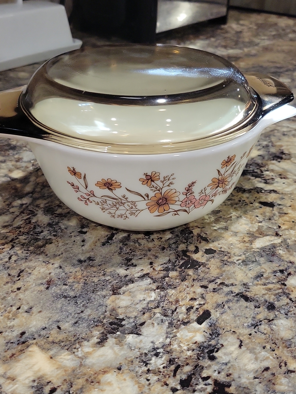 Vintage Pyrex Floral Covered Casserole Dish - White with Yellow & Pink Flowers